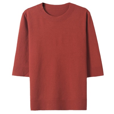 羊绒衫圆领中袖t恤女针织上衣