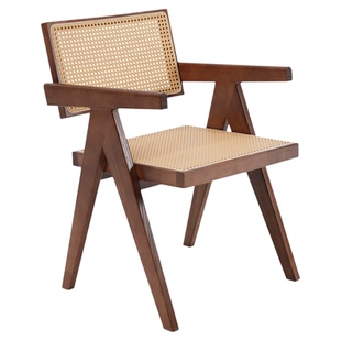 昌迪加尔椅子家用实木藤编餐椅复古靠背扶手椅白蜡木现代简约餐椅