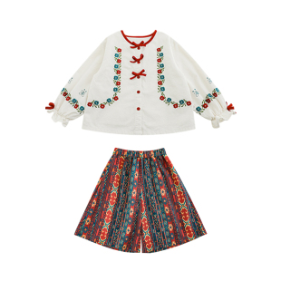 幼悠女童民族风套装2026春季撞色包边圆领衬衫绚丽亲肤七分裙裤潮