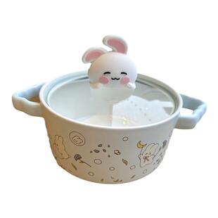 可爱卡通带盖陶瓷泡面碗宿舍用学生方便面碗家用沙拉可爱双耳汤碗