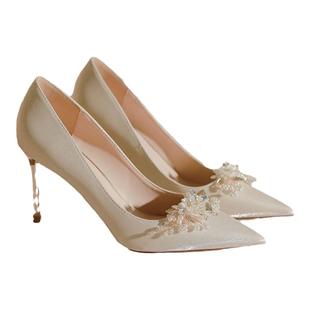 法式细跟新娘主婚鞋不累脚尖头绸缎高跟鞋伴娘时尚百搭水钻单鞋女