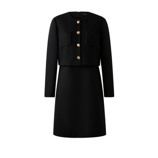 PRICH时尚小香风花纱羊毛假两件连衣裙冬知性收腰裙子女