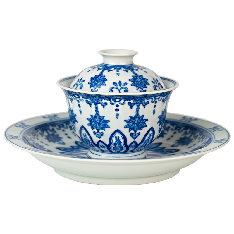 圣山仿古青花《宝相纹海螺》陶瓷盖碗景德镇手绘青花陶瓷茶具茶杯