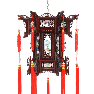 旋转实木宫灯六角仿古风太阳能阳台灯笼新中式户外春节中国风吊灯