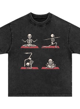搞怪瑜伽骷髅 美式重磅水洗做旧vintage长短袖t恤男女卫衣t shirt