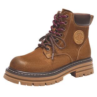 热风粗跟马丁靴女款2024年冬季新款复古厚底靴子显瘦百搭短筒女靴