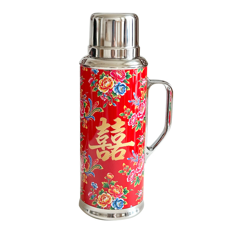 复古双喜保温壶结婚陪嫁专用东北大花老式泡茶壶国潮发财覆钛水杯