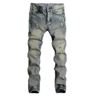 贝克汉姆同款破洞牛仔裤男欧美潮牌直筒修身长裤潮流怀旧乞丐裤子