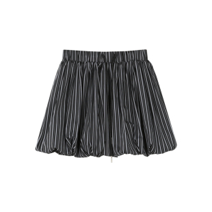 BLUEerror 高腰抽绳短款花苞裙白色半身裙女条纹短裙夏季休闲裙子