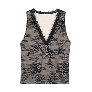 pusumede 心动讯号 蕾丝网纱拼接V领吊带背心女气质性感无袖上衣