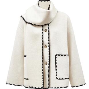 ONLY冬季撞色双面呢含羊毛围脖领撞色口袋毛呢大衣女