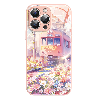 油画列车玻璃带挂绳适用苹果外壳