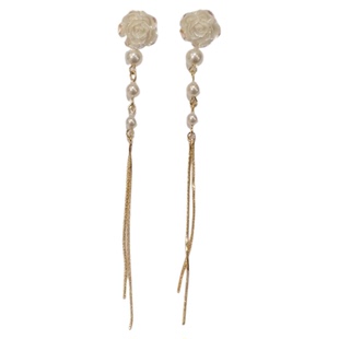 《玫瑰港湾》复古气质高级感山茶花朵流苏超长珍珠耳环耳夹无耳洞