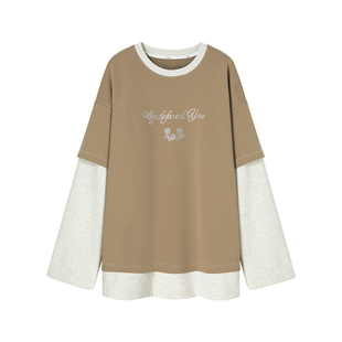 【碎金方糖】Uena美式复古灰绿撞色烫钻字母假两件宽松圆领卫衣女