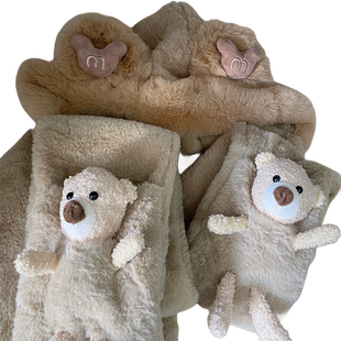 小熊帽子女冬天保暖围巾一体连帽韩版百搭可爱手套围脖毛绒三件套