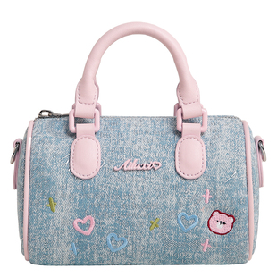 爱路喜新款斜挎包女小包包撞色牛仔刺绣包可爱小熊通勤手提枕头包