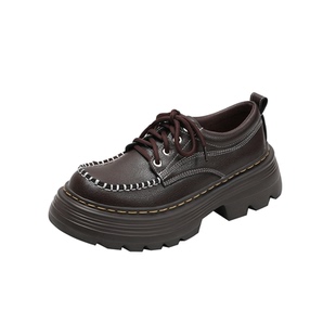 真皮版～小个子8cm内增高英伦手工缝线厚底粗跟小皮鞋女乐福单鞋