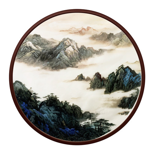 苏绣圆形直径80CM新中式玄关客厅单面绣成品挂画手工刺绣山水花鸟