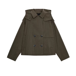 ZA外贸出口女装新品军绿色长袖连帽短风衣夹克派克服外套 6318295