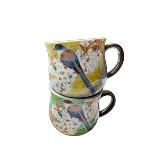 现货日本制九谷烧手作陶瓷黄釉樱雀鸟餐具马克杯咖啡杯碟饭碗套装