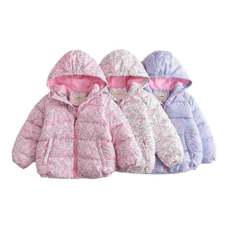 女童冬季加绒加厚碎花连帽棉服
