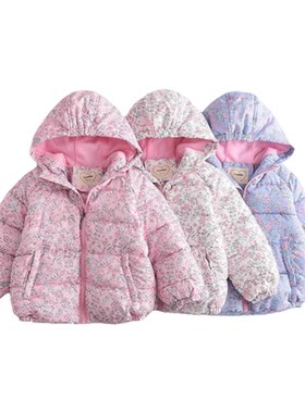 女童冬季加绒加厚碎花连帽棉服