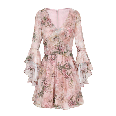 甜美粉花雪纺水袖绑带连衣裙v领