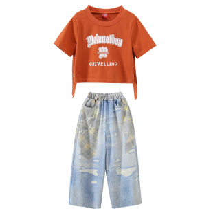 女童爵士舞服装少儿练功服橙色短袖jazz穿搭儿童街舞演出服潮夏季