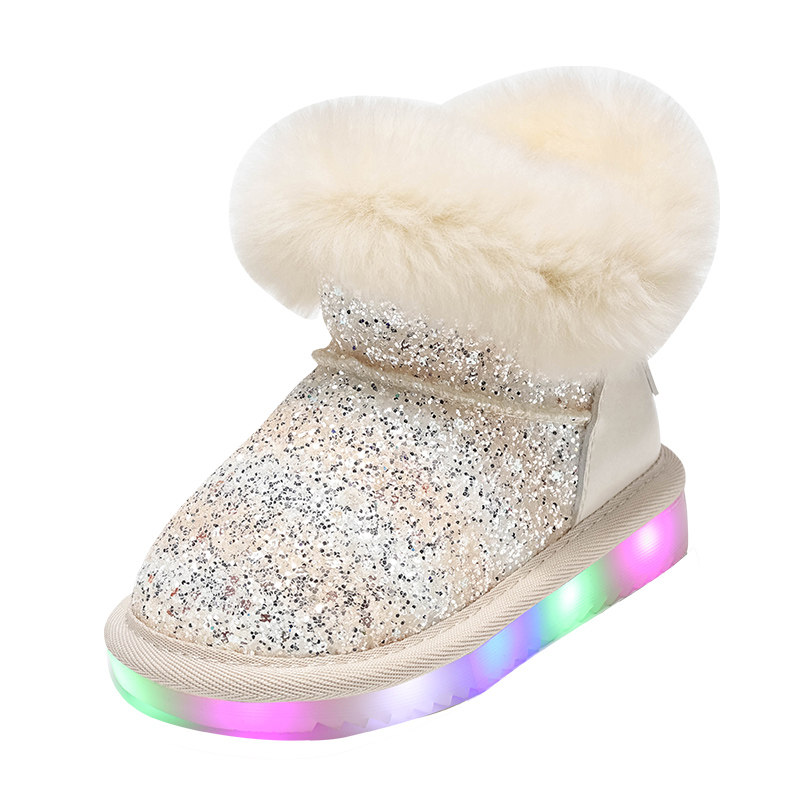 百丽梦幻小星光闪灯雪地靴25冬新女童公主雪地靴加绒加厚保暖棉靴