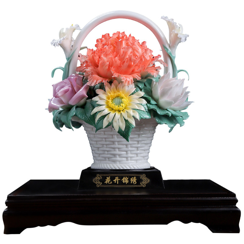 陶瓷牡丹花篮摆件定制开业礼物