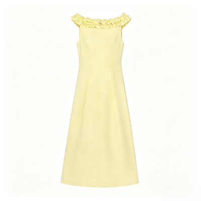法式花边领黄色无袖连衣裙
