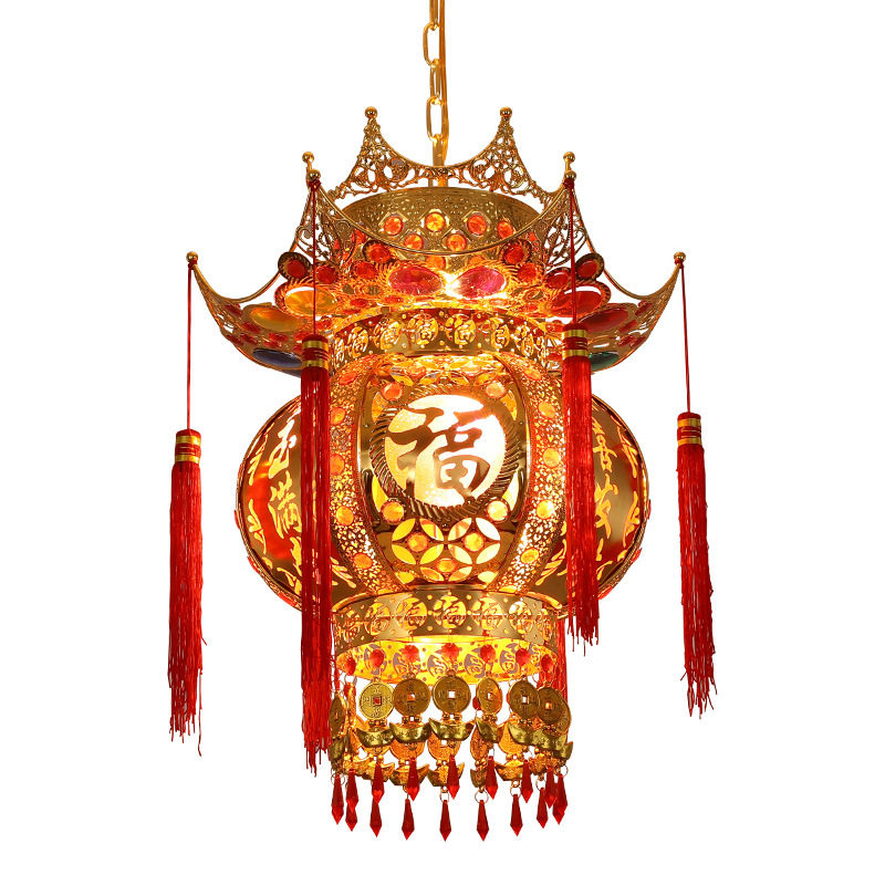 春节喜庆中式吊灯铁艺合金电镀工艺大门阳台七彩水晶旋转灯笼宫灯