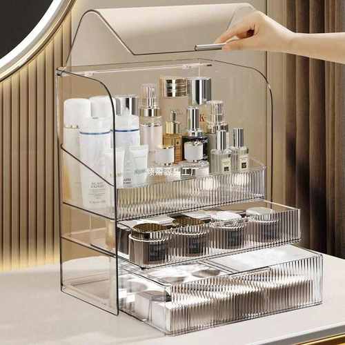 化妆品收纳盒桌面防尘梳妆台护肤品亚克力置物架箱柜口红整理透明