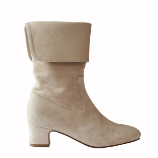 【benefanfan】2025新款粗跟方头中筒靴羊反绒不过膝两穿中跟长靴