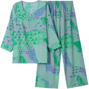 棉绸睡衣女款2026新款夏妈妈长袖套装薄款大码可外穿家居服莱赛尔