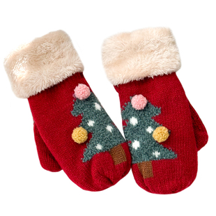 圣诞限定!儿童毛线手套冬季男女童保暖防寒加绒可爱挂脖连指手套