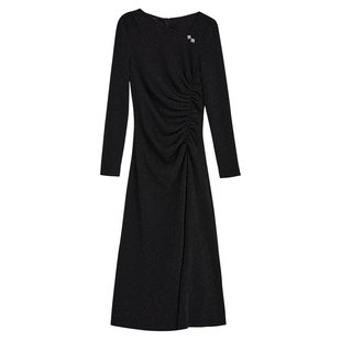 YINER音儿女装冬季时尚法式收褶小黑裙亮丝连衣裙