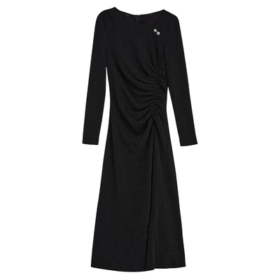 YINER音儿女装冬季时尚法式收褶小黑裙亮丝连衣裙