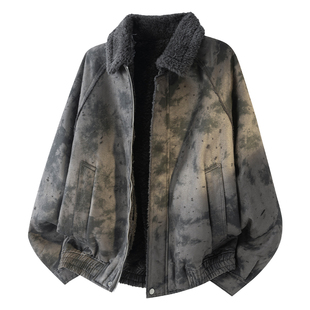 马切达冬季美式复古风男装扎染翻领夹克男士宽松休闲加绒外套潮牌