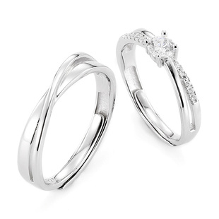 XXOFF925银戒指双生环镶钻闪钻曲面小众设计可调节纯银情侣对戒