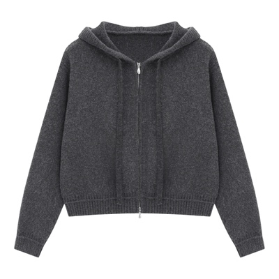 百家好深灰色慵懒连帽针织开衫外套女冬季新款小个子拉链开衫毛衣