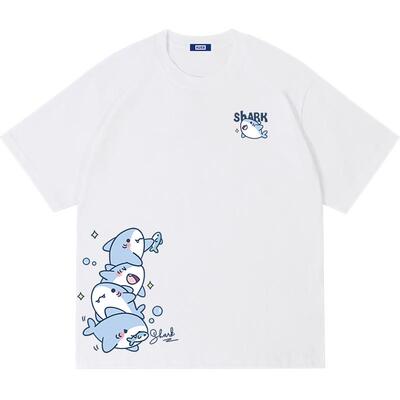 棉致浅蓝色纯棉短袖t恤男可爱鲨鱼半袖宽松青少年卡通大码上衣服