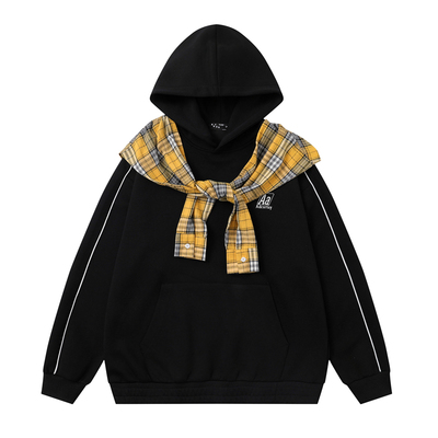 75折NEW设计感撞色格纹拼接假两件卫衣女春秋潮oversize情侣外套