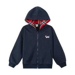 左西女童外套2026春季新款儿童卫衣青少年腊肠狗格子连帽衫春秋装