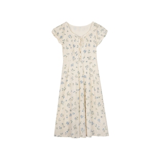 solighter 法式重工绣花收腰连衣裙女夏季2025新款显瘦泡泡袖长裙