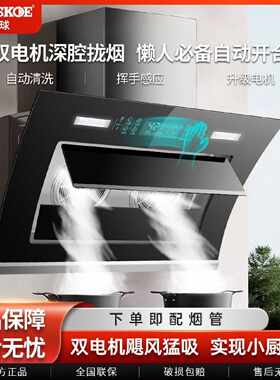 半球油烟机家用侧吸大吸力厨房壁挂式抽油烟机双电机自动清洗智能