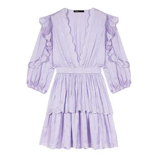 Maje春夏女装法式简约优雅时尚V领短款长袖收腰公主蛋糕连衣裙