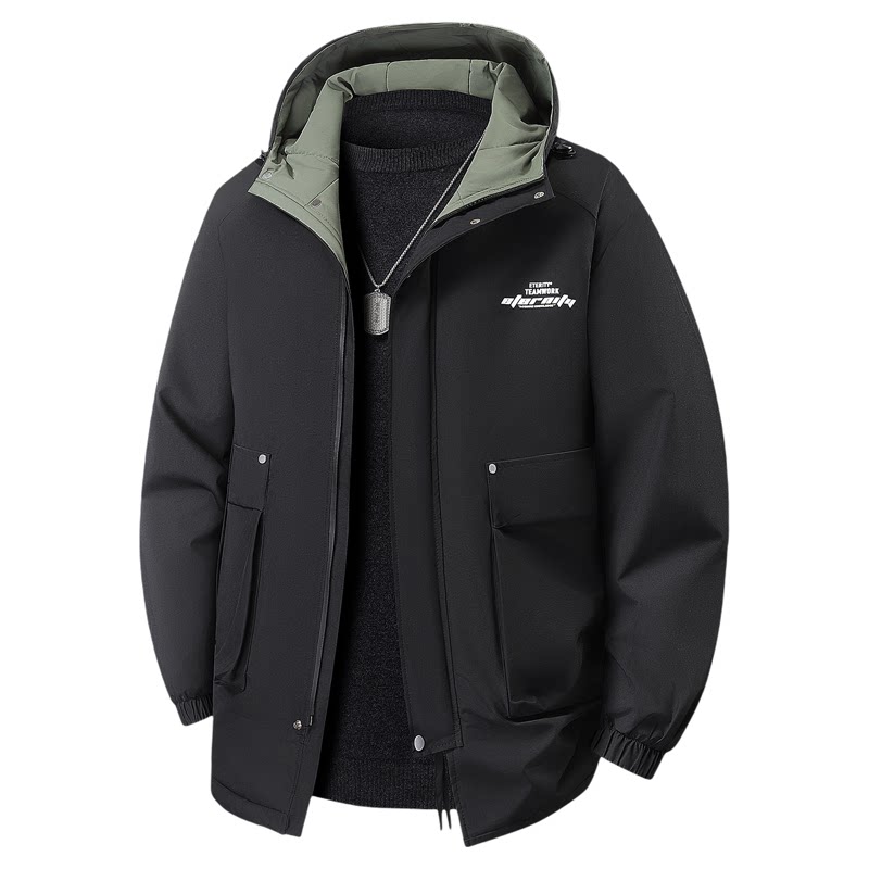 百胜狐冬季大码加绒连帽工装棉服