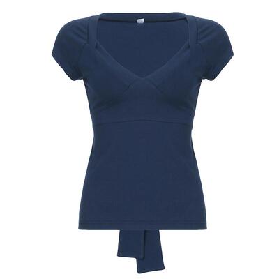 WEEKEEP 深蓝色性感V领低胸小飞袖短袖T恤女后背蝴蝶结绑带上衣潮