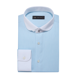 【早秋新品】140支纯棉巴厘蓝条纹衬衫异色伊顿领商务休闲衬衣男